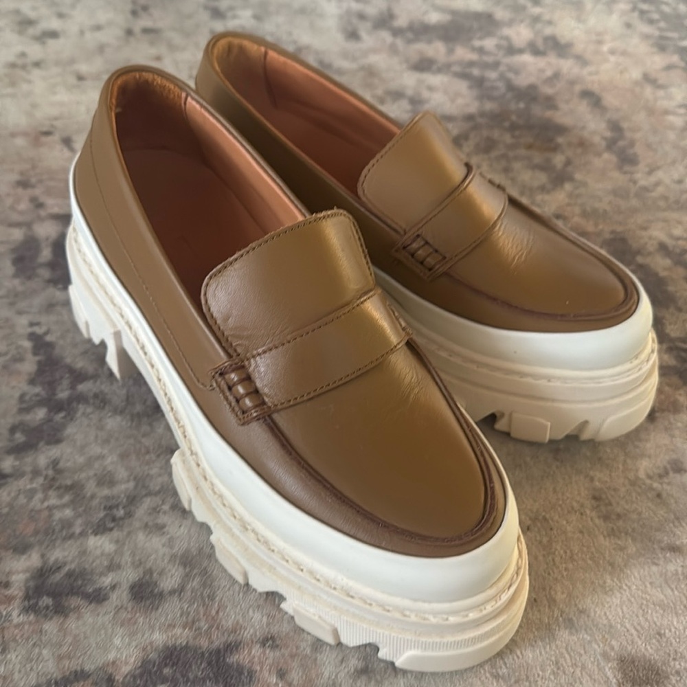 GANNI Leather Platform Loafers Camel Tan